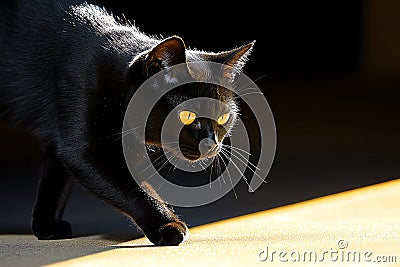A black cat walking along a line where shadow meets light, its form partially obscured by darkness and partially illuminated Stock Photo