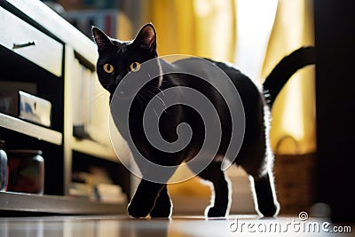 a black cat walking on a wooden floor Stock Photo
