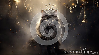 A black cat wearing a crown. Its sleek fur is as dark as midnight, and the crown adds regal charm Stock Photo