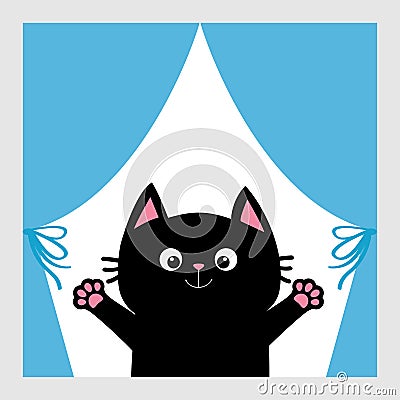 Black cat in the window. Curtain with bow. Open hand paw print. Kitty reaching for a hug. Funny Kawaii animal. Baby card. Cute car Vector Illustration