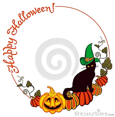 Black cat in witch hat and Halloween pumpkin. Stock Photo