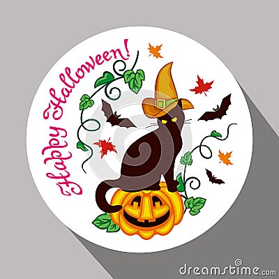 Black cat in witch hat, pumpkin and hand drawn text 