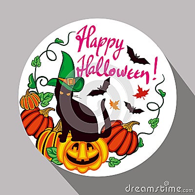 Black cat in witch hat, pumpkin and hand drawn text 