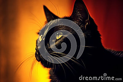 a black cat with yellow eyes against a red background Stock Photo
