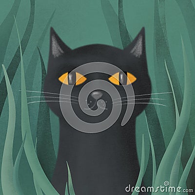 A black cat with yellow eyes hides in a thicket of grass. Stock Photo