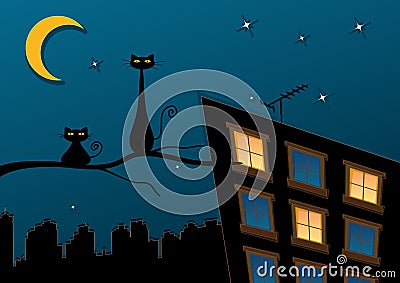Black cats in night town Vector Illustration