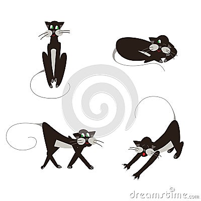 Black cats set walking, sleeping, sitting and streching Vector Illustration