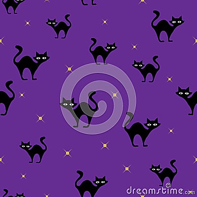 Black cats and star halloween purple vector repeat seamless pattern. October holiday vector. For Wallpaper or textile design. Vector Illustration