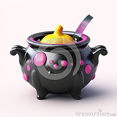 Black Cauldron with orange pumpkin or fairy witching toxic poison soup. Object for Halloween, horror or fantastic themes Cartoon Illustration