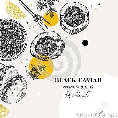 Black caviar canape with lemons and spices banner design. Canned seafood sketches. Vector illustration in collage style Vector Illustration