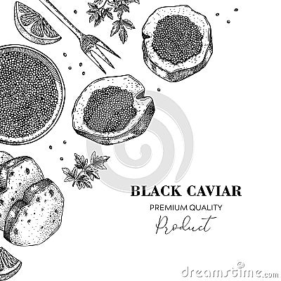 Black caviar canape with lemons and spices banner design. Canned seafood sketches. Vector illustration in vintage style Vector Illustration