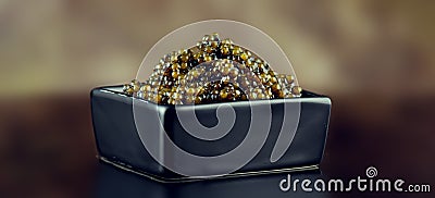 Black Caviar closeup. Natural sturgeon black caviar in square dish on black background Stock Photo