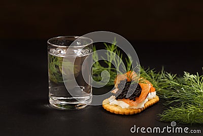 Black caviar served on crackers with vodka and additives Stock Photo