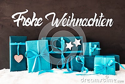 Turquoise Gifts, Calligraphy Frohe Weihnachten Means Merry Christmas Stock Photo