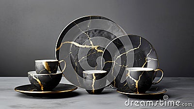Black Ceramic ware service repaired using japanese Kintsugi or Kintsukuroi technique emphasizing the cracks with golden joinery. Stock Photo