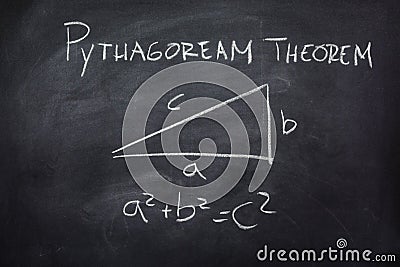 Explanation about the Pythagorean theorem drawn on a blackboard Stock Photo