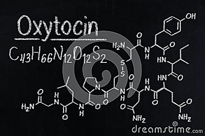 Black chalkboard with the chemical formula of Oxytocin Stock Photo