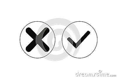Black check mark and cross web icon marker symbols of a tick and X, to show yes or no, correct or incorrect, true or false, right Stock Photo