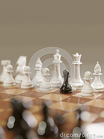 Black chess pawn infiltrated in the white army. Treason, espionage, inflitration concept. Digital 3D rendering Stock Photo