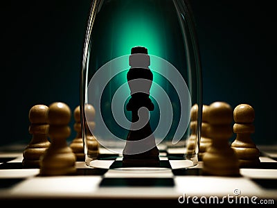 Black chess piece trapped inside a glass barrier. Quarantine and isolation concept. Stock Photo