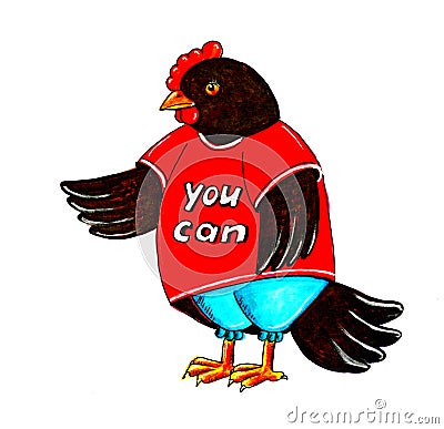 Black chicken in red tank top and blue pants Vector Illustration