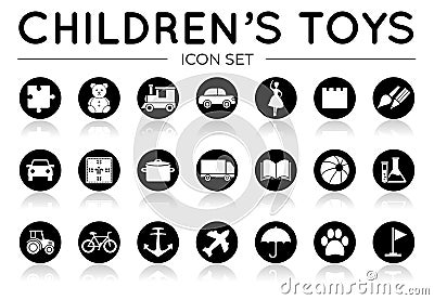 Black Children`s Toys Icon Set with Reflection with Puzzle, Plush, Train and Car, Board Game, Dolls, Arts and Crafts, Buiding Set Stock Photo