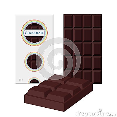 Black chocolate bar. Cacao label package. Sweet milky product Vector Illustration