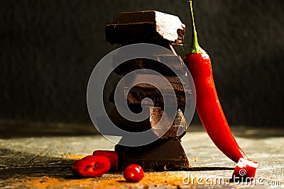 Black chocolate, red pepper gourmet temptationÐ¼ spiciness on a dark background Stock Photo