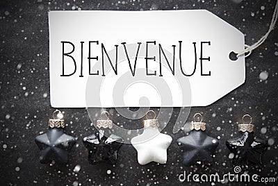 Black Christmas Balls, Snowflakes, Bienvenue Means Welcome Stock Photo