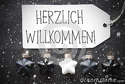 Black Christmas Balls, Snowflakes, Herzlich Willkommen Means Welcome Stock Photo