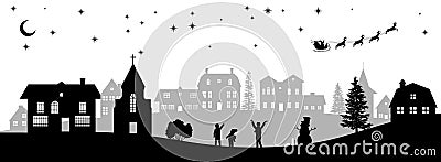 Black christmas panorama. Silhouettes of kids looking at Santas sleigh. Celebration scene. Isolated village landscape. Vector Illustration