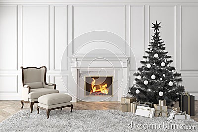 Black christmas tree in classic interior with fireplace, lounge armchair, carpet, gifts. Cartoon Illustration