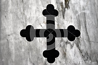 Black Church Cross, old original Greek cross of black marble, inlaid white marble Stock Photo