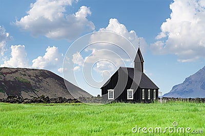 Black Church in the village of Budir, Iceland Stock Photo