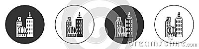 Black City landscape icon isolated on white background. Metropolis architecture panoramic landscape. Circle button Vector Illustration