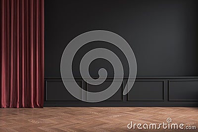 Black classic empty interior with red curtain, moldings and wooden floor. Cartoon Illustration