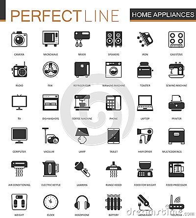 Black classic home appliances household web icons set. Vector Illustration