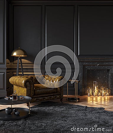 Black classic interior with armchair, moldings, fireplace, candle, floor lamp, carpet and table. Cartoon Illustration