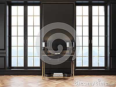 Black classic interior with dresser, table lamp, moldings, window and wooden floor. Cartoon Illustration