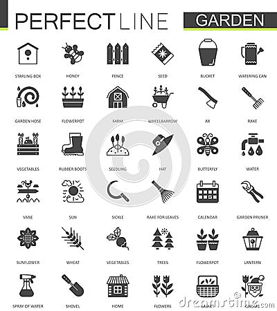 Black classic web Gardening icons set. Vector Illustration