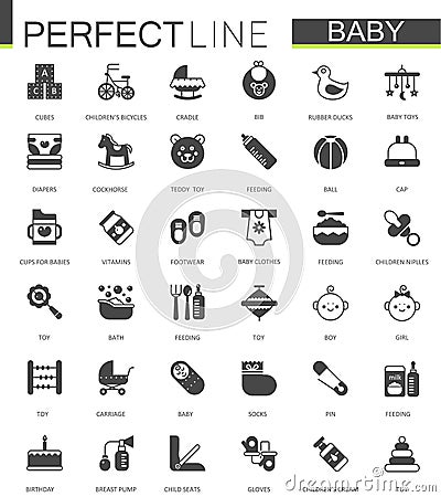 Black classic web icons set. Baby toys, feeding and baby care. Vector Illustration