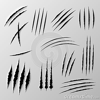 Black claws scratches different shape collection realistic vector illustration Vector Illustration