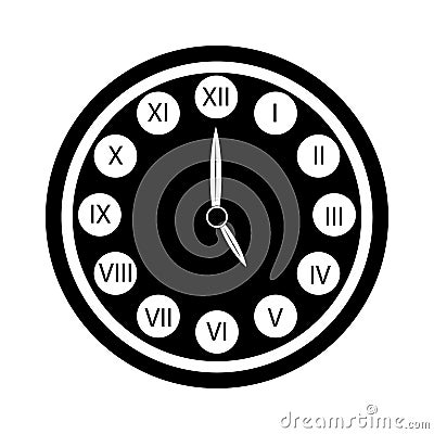 Black clock with roman numerals icon isolated. Five o`clock Vector Illustration