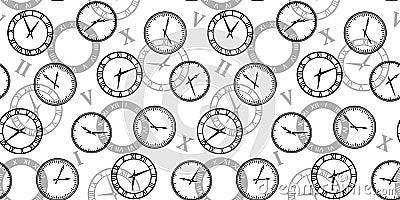 Seamless pattern with black clocks on a white background with gray watch dials and Roman numerals Vector Illustration