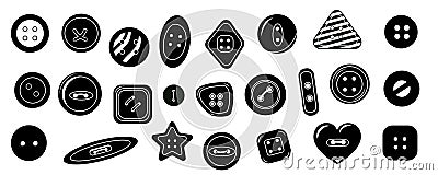 Black clothing buttons. Simple sewing textile accessories icons, round dressmaking elements for fashion design. Vector Vector Illustration