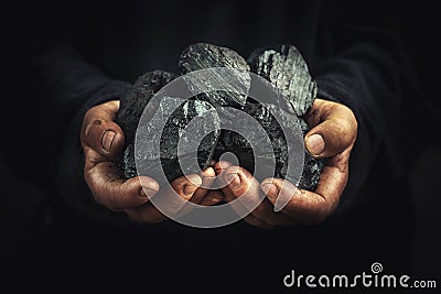 Black coal in the hands, heavy industry, heating Stock Photo