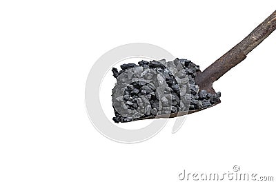 Black coal on a shovel on a white isolated background. Energy crisis. copy space Stock Photo
