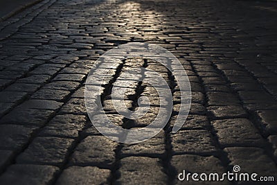 Black cobbled stone road background with reflection of light seen on the road. Black or dark grey stone pavement texture. Stock Photo