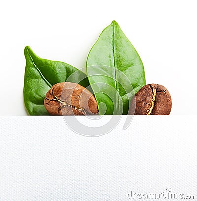 Black coffee beans, grain with leaf Stock Photo