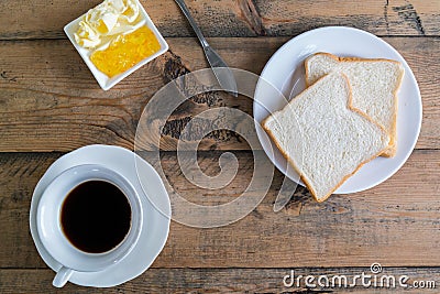 Black coffee and bread,butter,jam Stock Photo